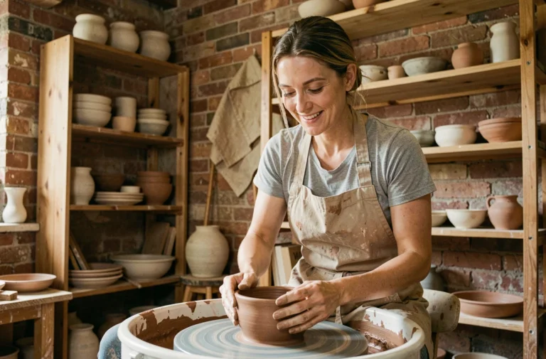Femme adulte concentrée sur un tour de poterie dans un atelier artisanal aux murs en briques, illustrant un loisir créatif accessible à tous
