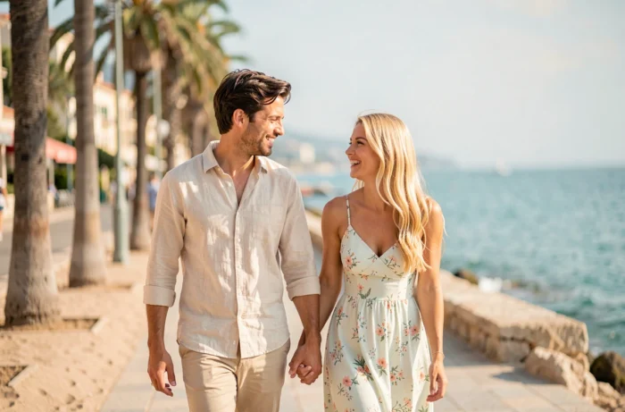 Couple discret se promenant sur une promenade de la Côte d'Azur, évoquant la relation entre Lorie et son fiancé Yann Dernaucourt