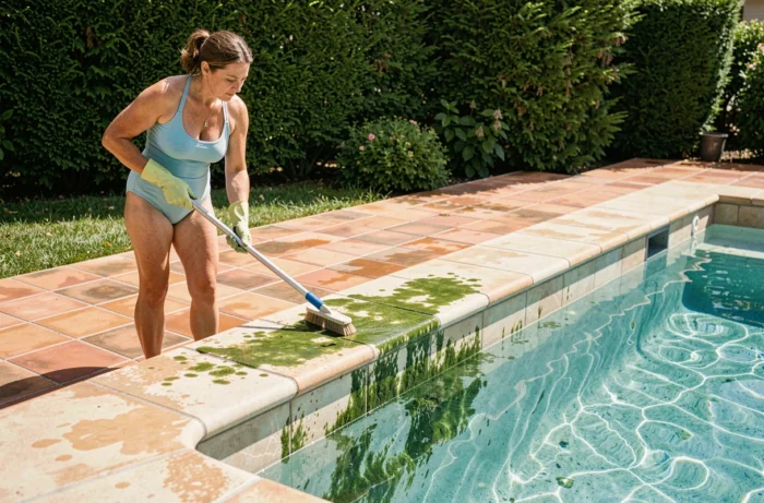 Femme qui brosse les algues vertes sur les parois d'une piscine au sel dans un jardin résidentiel