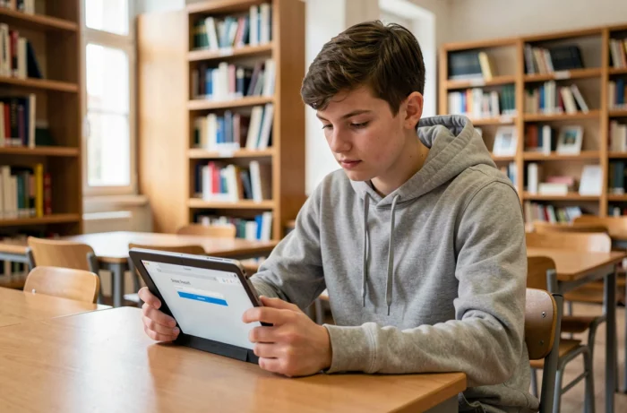 Lycéen accédant au webmail académique de Dijon depuis une tablette dans la médiathèque de son établissement scolaire