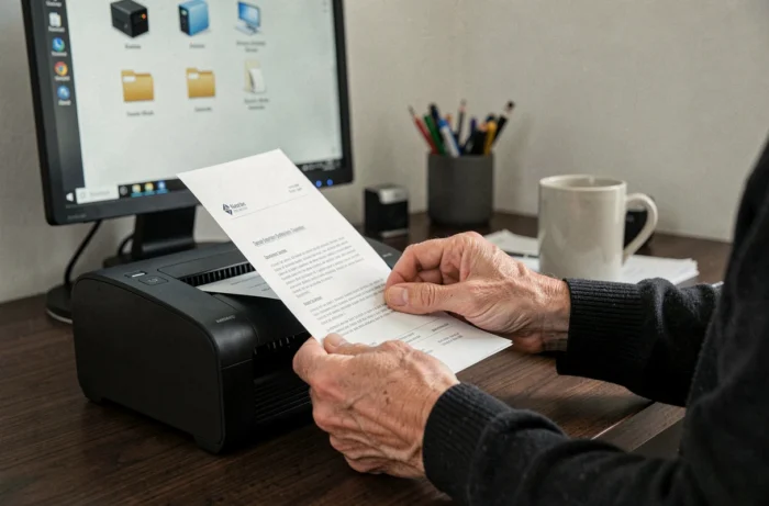 Mains scannant un document administratif pour le stocker dans un coffre-fort numérique sécurisé