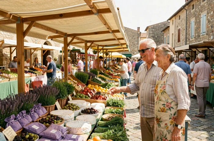 Marché provençal animé sur la place de Pont-Saint-Esprit avec des étals colorés de produits locaux et des habitants en train de discuter