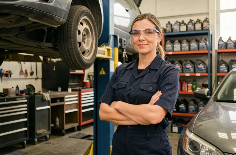 Mécanicienne professionnelle en uniforme dans un garage automobile bien équipé, symbolisant le sérieux et la compétence d'un bon prestataire d'entretien véhicule