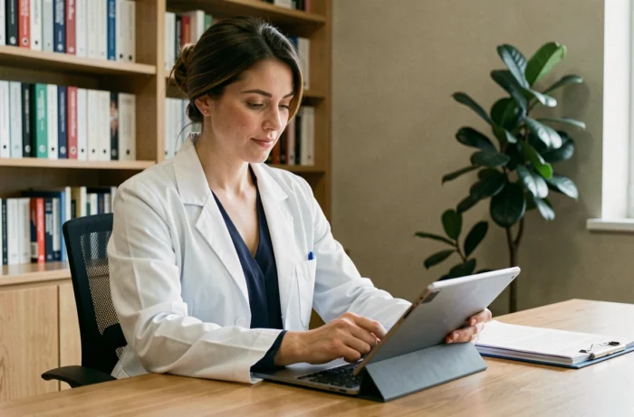 Médecin femme consultant des notes sur une tablette dans un cabinet médical professionnel et organisé