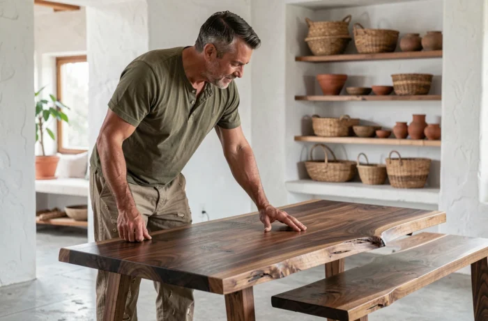 Artisan menuisier présentant une table en noyer faite main dans un intérieur moderne mêlant bois brut et décoration artisanale