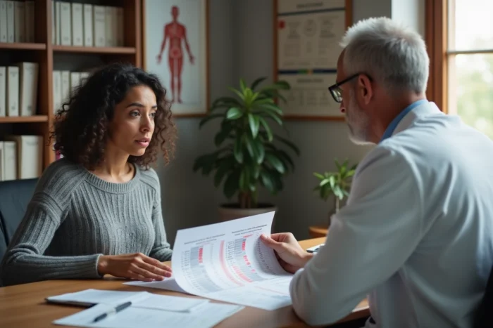 Mère discutant avec un médecin spécialiste des résultats d'analyse hépatique anormaux de son enfant