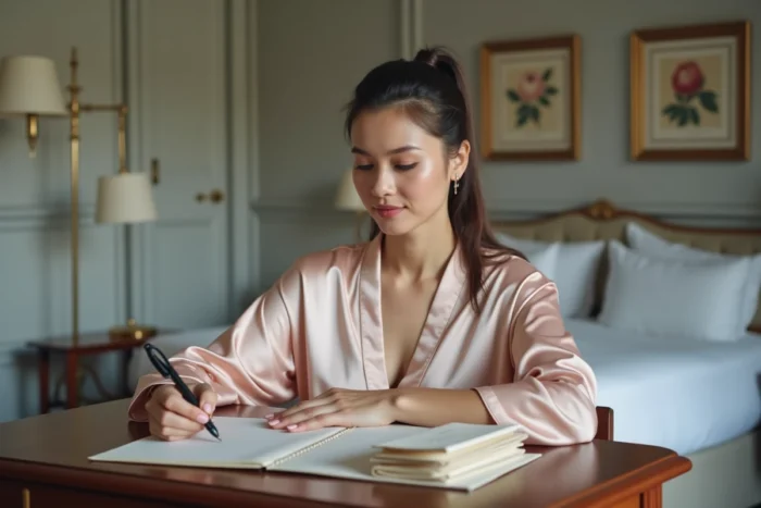 Femme rédigeant un message de voyage de noces dans une chambre d'hôtel de charme