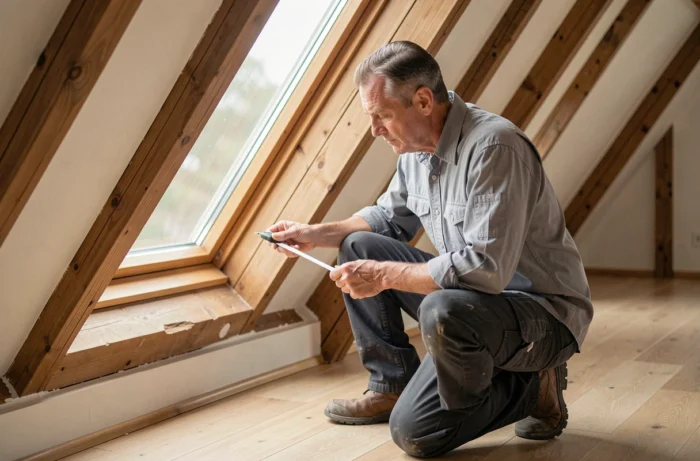 Professionnel mesurant une fenêtre triangulaire en combles pour choisir un volet roulant adapté