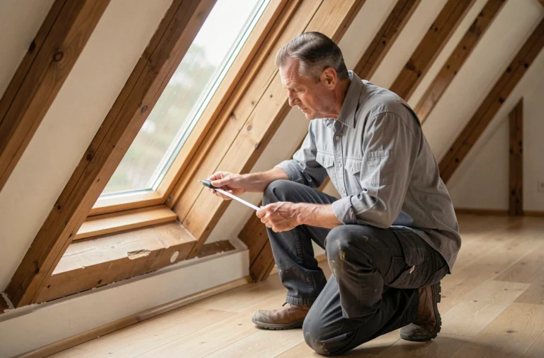 Professionnel mesurant une fenêtre triangulaire en combles pour choisir un volet roulant adapté