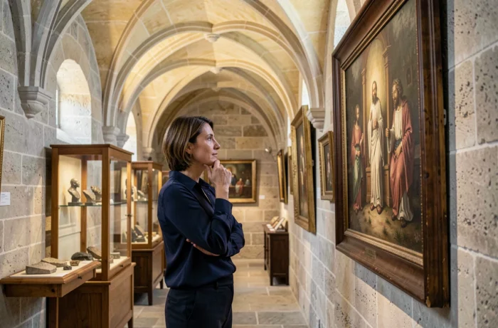 Femme admirant une peinture religieuse ancienne dans les salles voûtées du Musée d'Art Sacré du Gard à Pont-Saint-Esprit