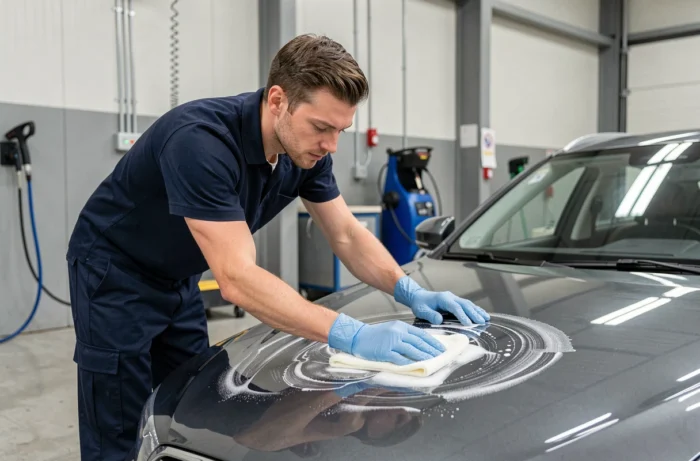Technicien professionnel appliquant de la mousse nettoyante sur une berline argentée dans un centre de lavage automobile à Metz