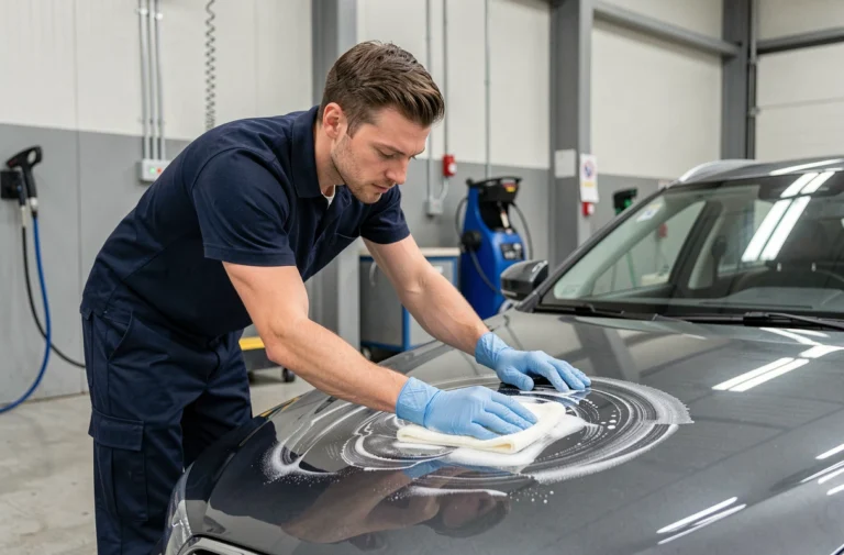 Technicien professionnel appliquant de la mousse nettoyante sur une berline argentée dans un centre de lavage automobile à Metz