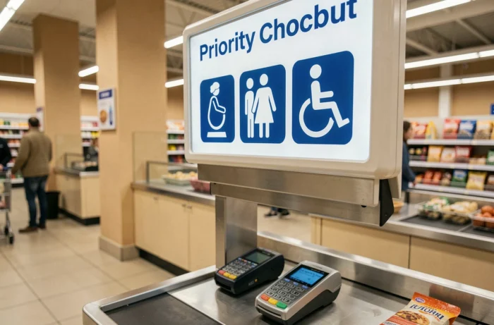 Panneau signalétique de caisse prioritaire en supermarché avec pictogrammes pour personnes à mobilité réduite et femmes enceintes