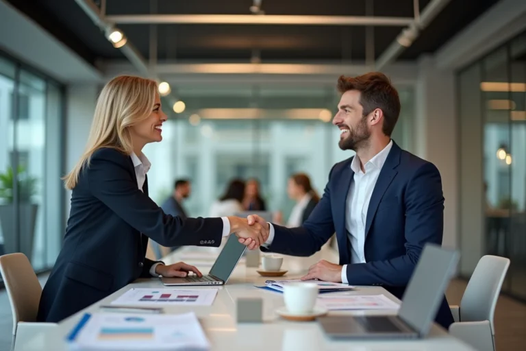 Deux professionnels B2B se serrant la main lors d'un partenariat digital en salle de réunion moderne