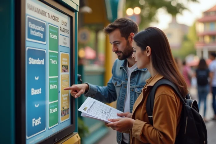 Couple évaluant les options du pass coupe-file devant un kiosque billetterie du Futuroscope