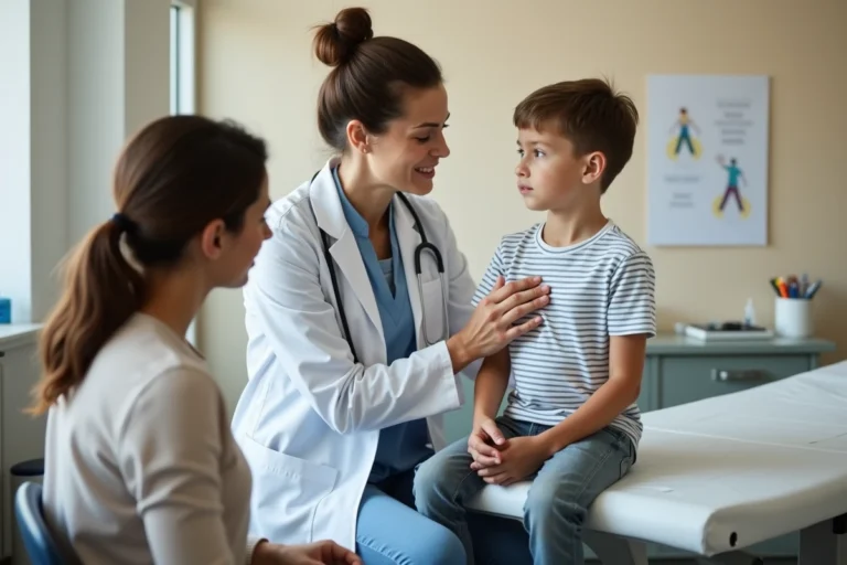 Pédiatre examinant un enfant en consultation médicale pour bilan hépatique avec ASAT et ALAT élevés