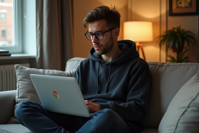 Personne utilisant Chrome Flags sur un ordinateur portable depuis son canapé dans un appartement cosy pour optimiser sa navigation