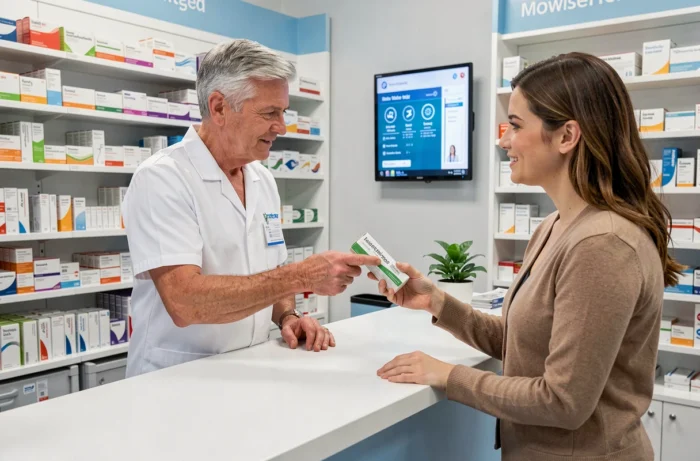 Pharmacien remettant une boîte de crème Ialuset à une cliente au comptoir d'une pharmacie moderne