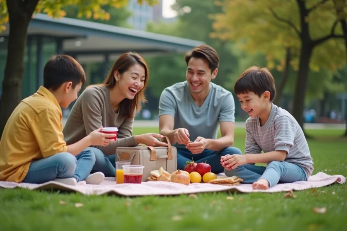 Famille profitant d'un pique-nique maison dans l'espace vert du Futuroscope pendant la pause déjeuner