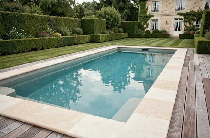 Piscine enterrée rectangulaire terminée avec margelles en pierre et plage en bois dans un jardin résidentiel français