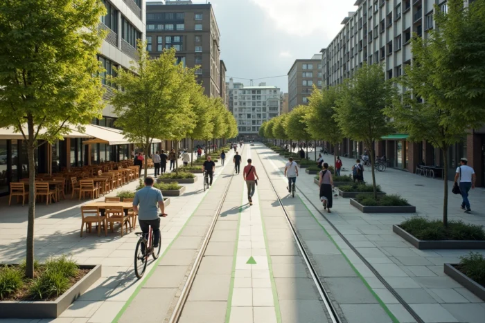Place urbaine réaménagée avec pistes cyclables, tramway et espaces piétons dans une ville européenne moderne