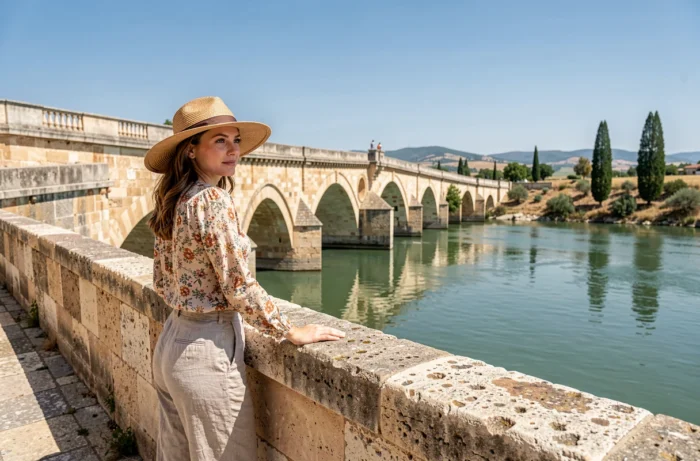 Femme contemplant le Rhône depuis le vieux pont de Pont-Saint-Esprit avec ses arches en pierre et la végétation provençale en arrière-plan