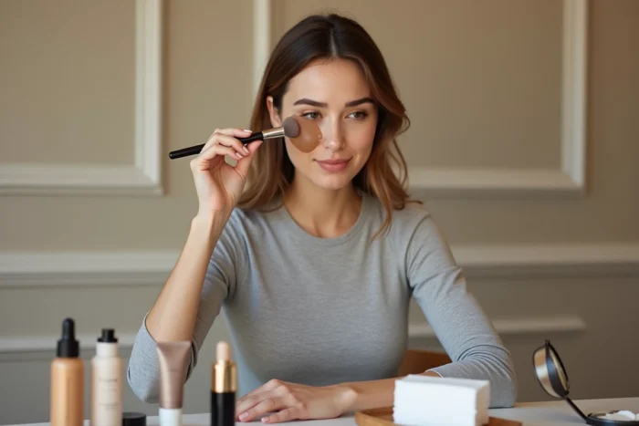 Jeune femme utilisant un pinceau plat pour appliquer un primer sur la zone T devant une coiffeuse organisée