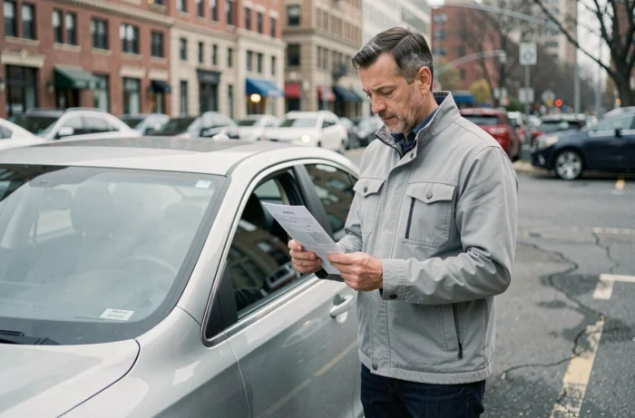 Homme consultant sa carte grise près de son véhicule en ville