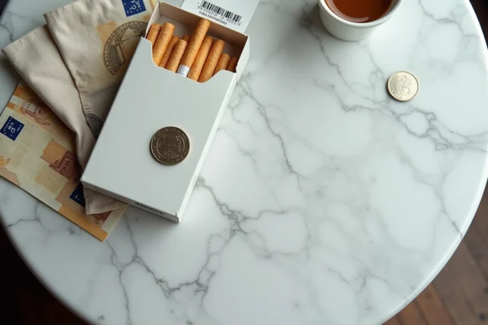 Vue du dessus d'une cartouche de cigarettes avec des euros sur une table de café en marbre en Italie