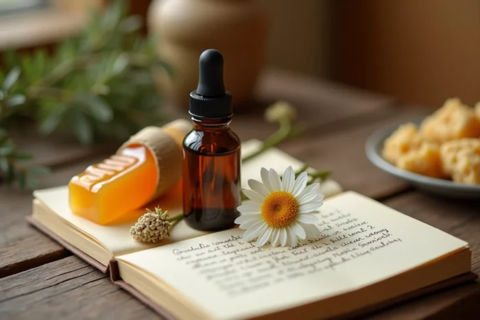 Composition de propolis naturelle avec miel, fleurs séchées et notes manuscrites sur les remèdes naturels pendant la grossesse