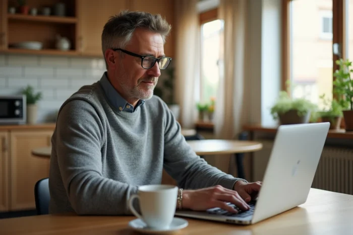 Homme recherchant des offres immobilières en ligne depuis chez lui avec un ordinateur portable