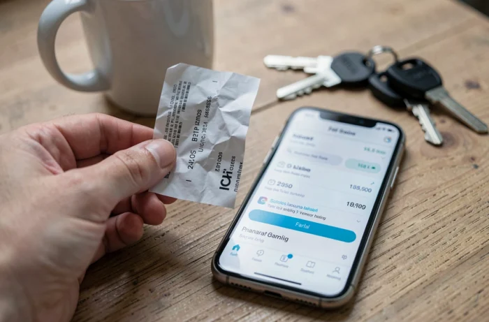 Reçu de caution de station essence comparé à un relevé bancaire sur smartphone posé sur une table
