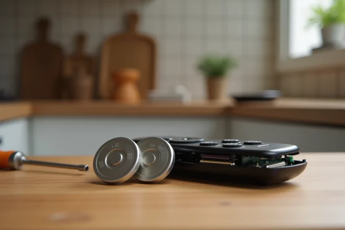 Télécommande Simu ouverte avec compartiment à piles et batteries CR2032 sur une table en bois