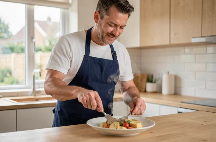 Homme servant un repas surgelé réchauffé dans une cuisine de style scandinave