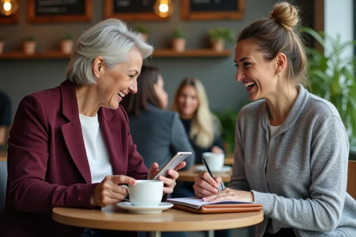 Deux femmes entrepreneures en séance de réseautage professionnel autour d'un café en ville