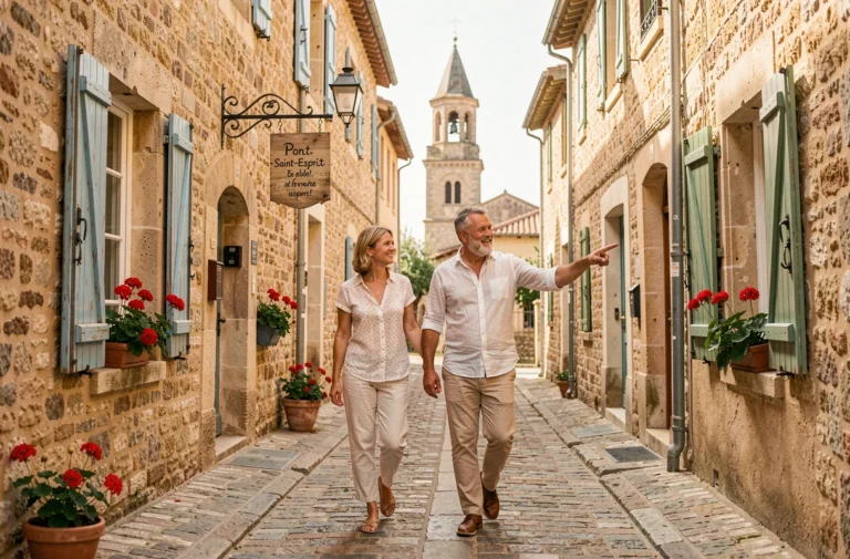 Couple se promenant dans une ruelle médiévale pavée de Pont-Saint-Esprit avec des façades en pierre dorée et un clocher en arrière-plan