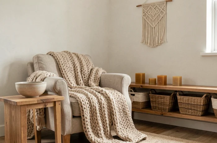 Coin salon scandinave décoré d'objets artisanaux uniques : plaid tricoté, vase en céramique fait main et suspension en macramé