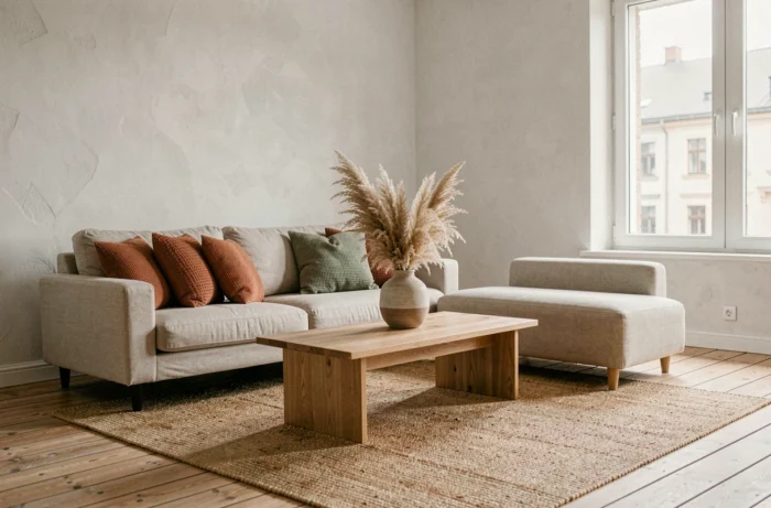 Salon de style scandinave avec canapé en lin, coussins terracotta et vert sauge, table basse en chêne et tapis en jute