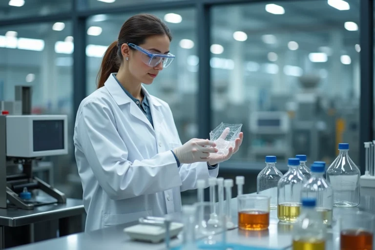 Scientifique analysant un échantillon de plastique recyclé enzymatiquement dans un laboratoire de biotechnologie industrielle Carbios