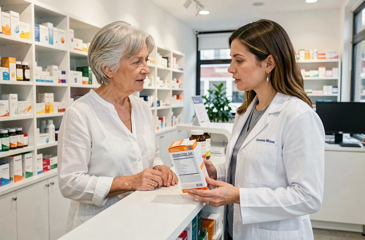 Femme senior consultant une pharmacienne sur les effets secondaires de Bion 3 pour les hypertendus