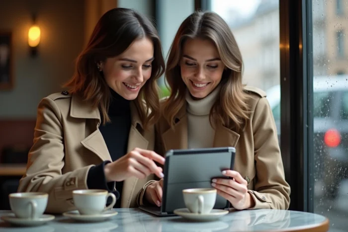 Deux amies consultant une application de mode sur une tablette dans un café parisien avec vue sur la rue