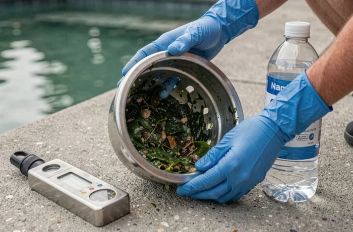 Panier de skimmer d'une piscine au sel rempli d'algues vertes lors d'un entretien de la filtration