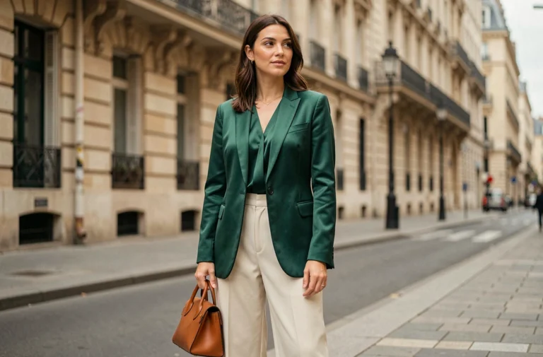 Femme élégante en blazer satiné vert émeraude et pantalon large ivoire adoptant un style glamour au quotidien dans une rue parisienne