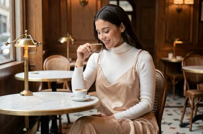 Mujer usando un vestido midi de seda champagne sobre un cuello de tortuga blanco en un café parisino chic para un estilo glamour accesible a diario