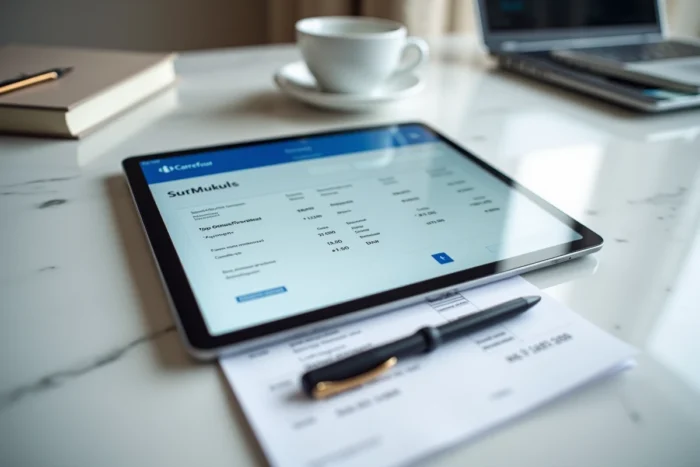 Tablette affichant une facture Carrefour en ligne posée sur une surface en marbre avec un reçu papier