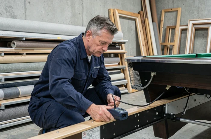 Technicien inspectant le système de chauffage sous un billard professionnel dans un atelier