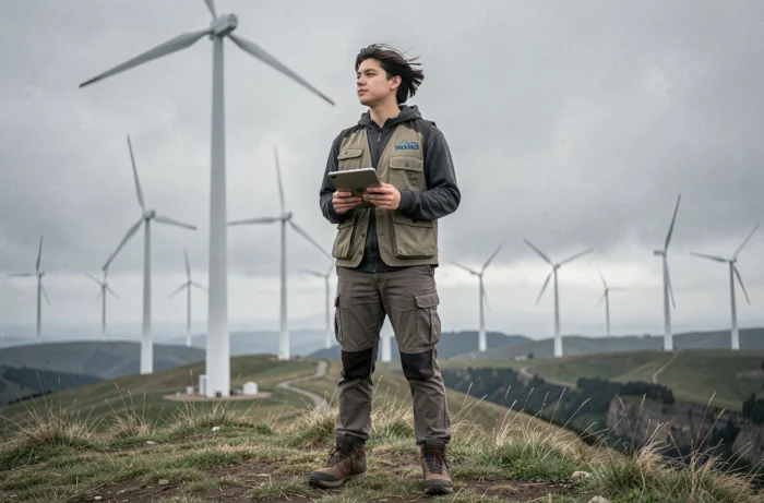 Technicien sur un site d'éoliennes consultant une tablette, carrière dans les énergies renouvelables