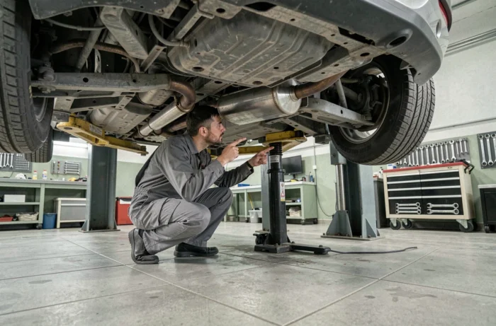 Technicien automobile inspectant le dessous d'un SUV surélevé sur un pont élévateur dans un atelier de réparation, représentant l'importance d'un diagnostic mécanique rigoureux