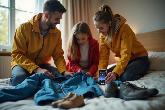 Famille préparant tenues adaptées à la météo et aux effets spéciaux avant leur visite au Futuroscope