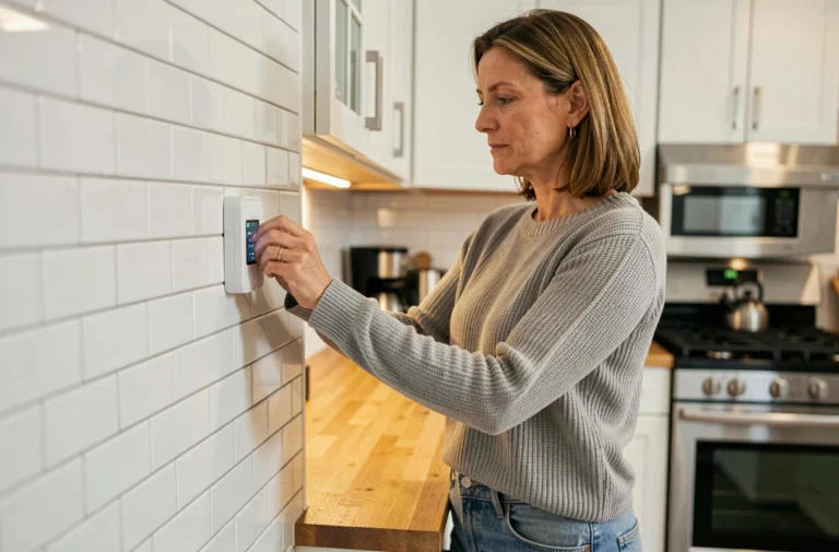 Femme ajustant un thermostat intelligent dans une cuisine moderne pour optimiser la consommation électrique de la maison